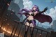 A woman with long purple hair standing on a bridge.